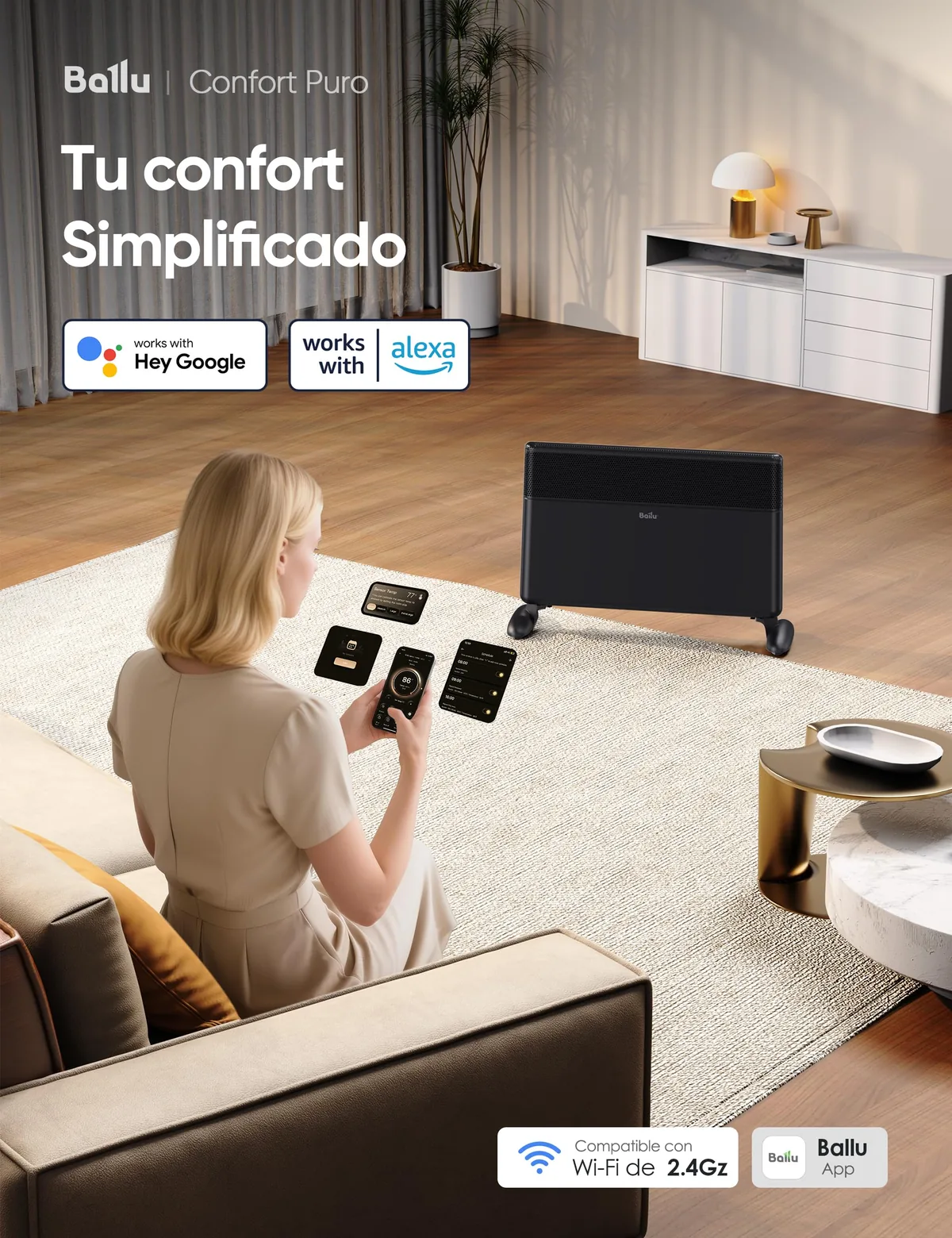 Vista 2 de Ballu Convector Elétrico Wi-Fi 1500W com App e Controle Remoto